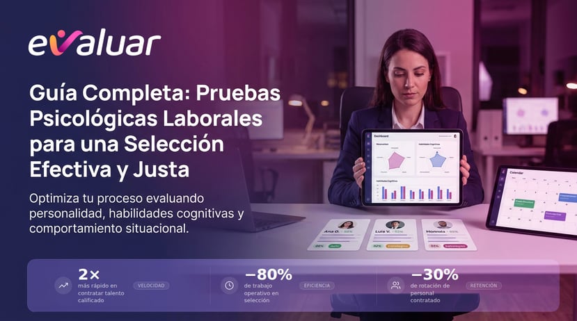 Profesional de Recursos Humanos revisando resultados de pruebas psicológicas laborales en una tablet, con métricas de selección de personal: 2x más rápido en contratar, −80% de trabajo operativo y −30% de rotación. Imagen de portada de Evaluar.com.