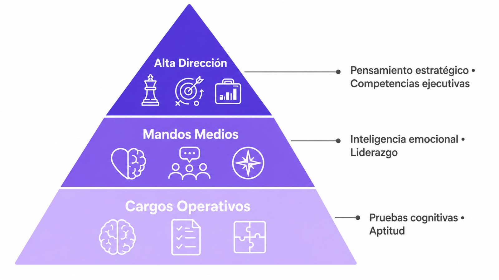 Pirámide con los tipos de pruebas psicométricas según nivel jerárquico: aptitudes cognitivas para cargos operativos, inteligencia emocional para mandos medios y competencias estratégicas para alta dirección