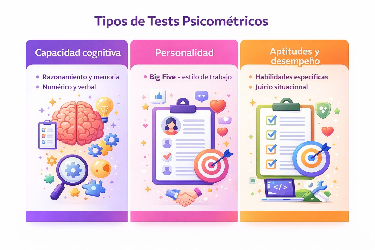 Infografía comparativa de tests psicométricos: capacidad cognitiva, personalidad y aptitud para selección de personal.
