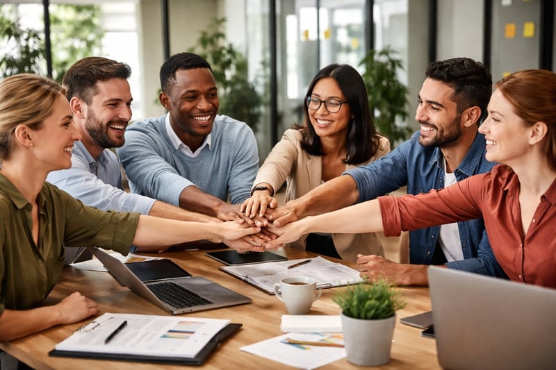 Grupo diverso de profesionales uniendo manos en una mesa de trabajo, simbolizando trabajo en equipo y cultura organizacional positiva.