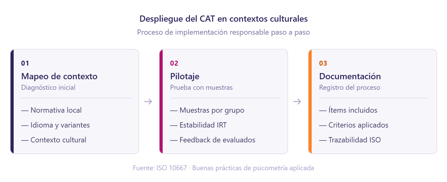 Infografía de tres pasos para desplegar el CAT en contextos culturales diversos. Paso 1, Mapeo de contexto: normativa laboral local, idioma y variantes regionales, y contexto cultural. Paso 2, Pilotaje: muestras representativas por grupo, verificación de estabilidad de parámetros IRT y feedback de evaluados. Paso 3, Documentación: registro de ítems incluidos, criterios aplicados y trazabilidad conforme a ISO 10667.
